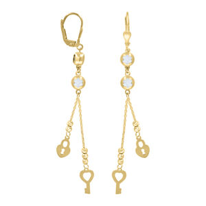 10kt 10k Yellow Gold Womens CZ Lock & Key Beaded Dangle Leverback Earrings